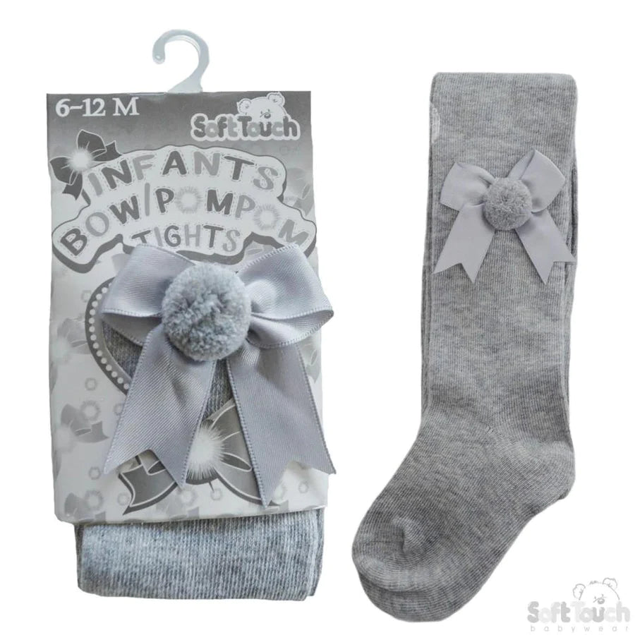 Girls grey tights with bow pompom