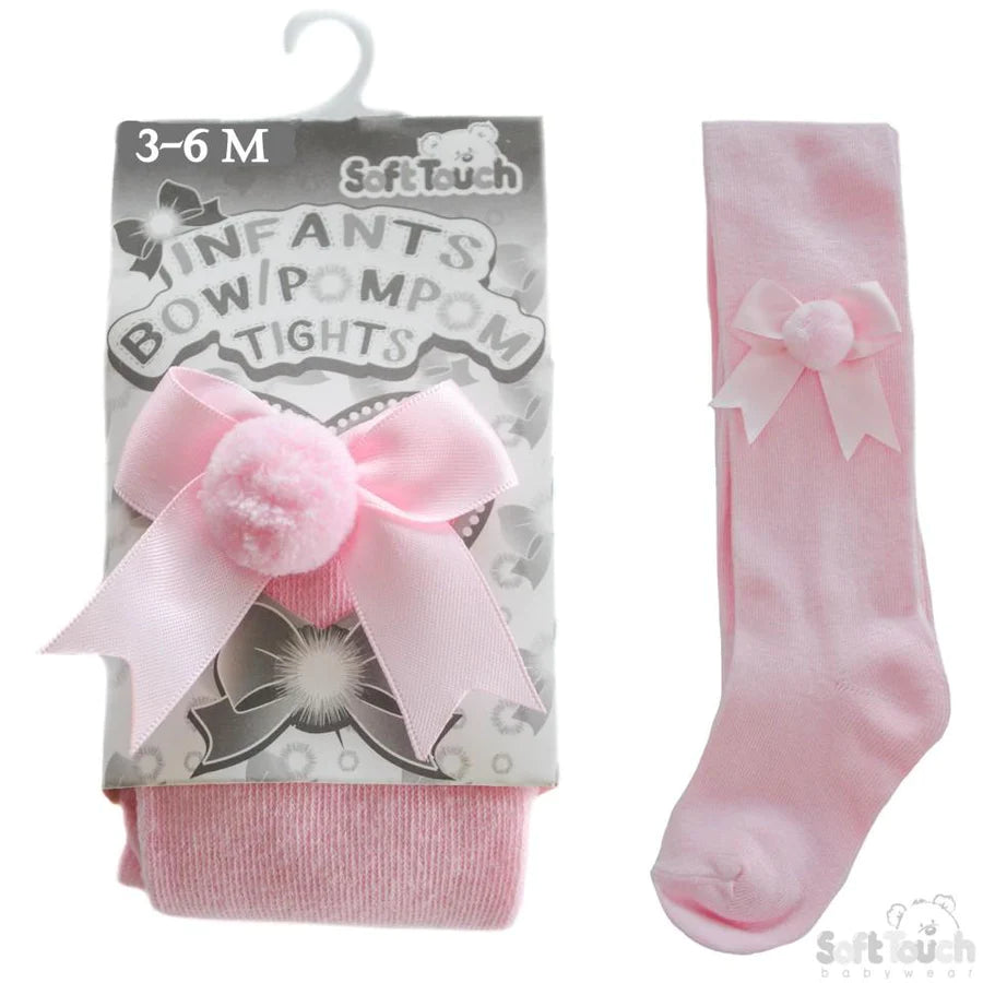 Infants bow pompom tights pink
