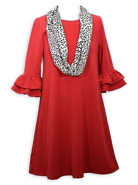 Bell sleeve red knit dress with printed scarf