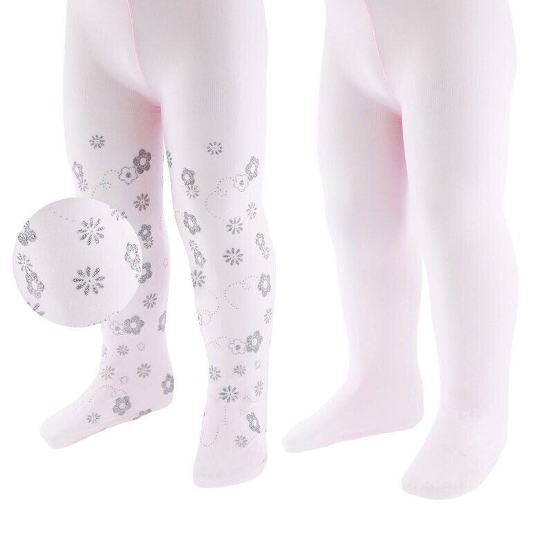 2 pairs pink tights with silver flowers