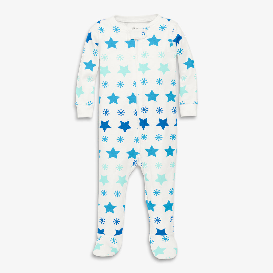 Primary sleepsuits in blue snowflakes