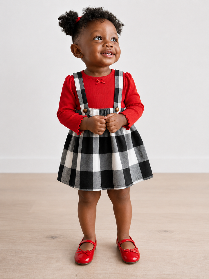 Red top and check pinafore