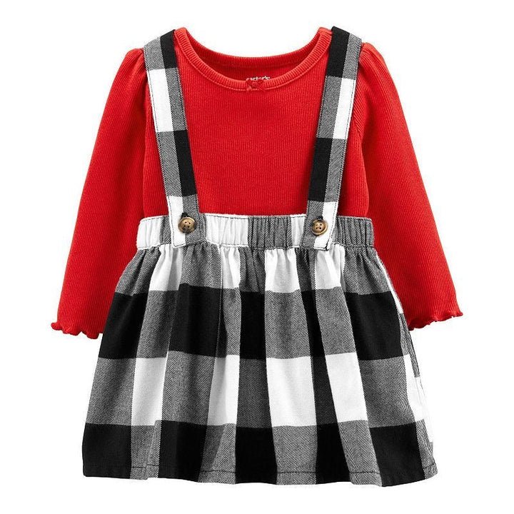 Red top and check pinafore