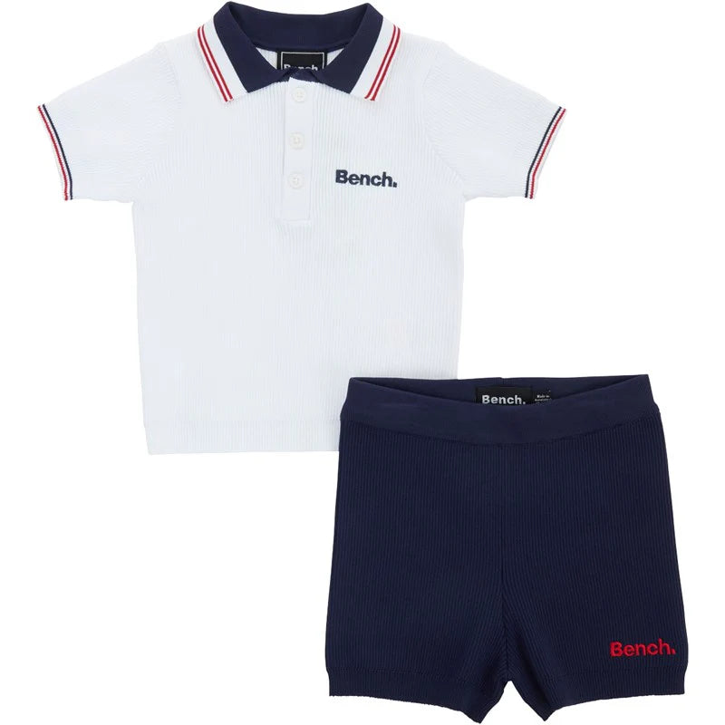 BENCH boys white knit polo and blue shorts