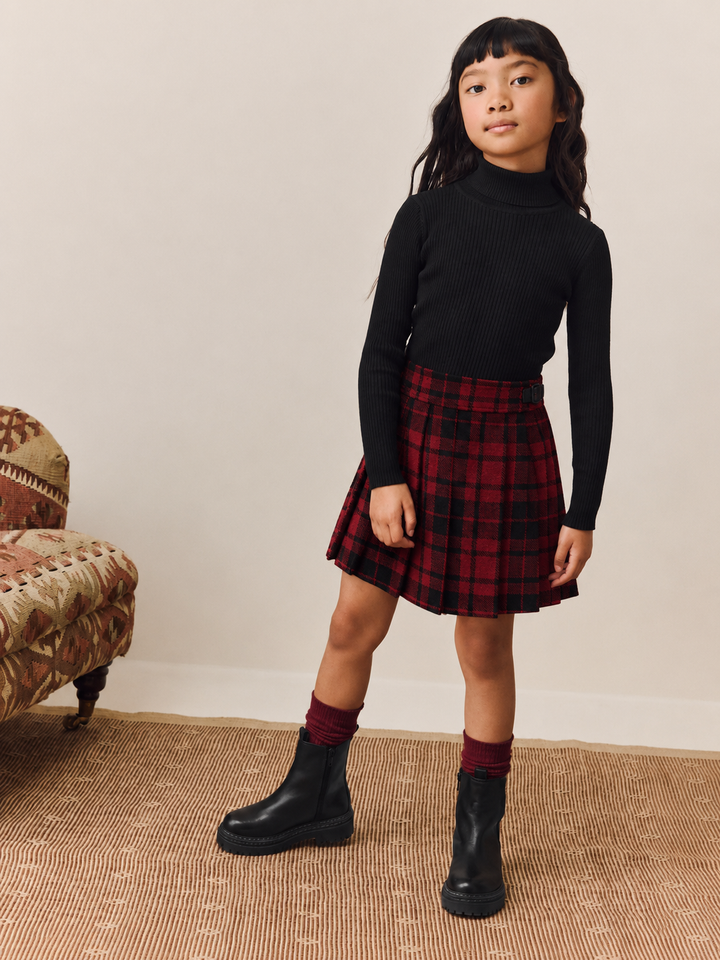Girls Ribbed Polo Neck Long Sleeve Top & Wool Blend Pleated Tartan Skirt Sets