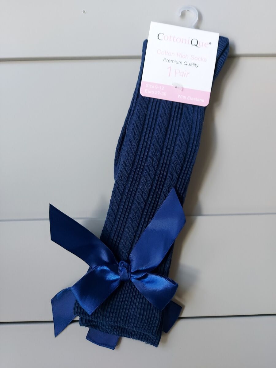 Cottonique with bow long socks navy blue